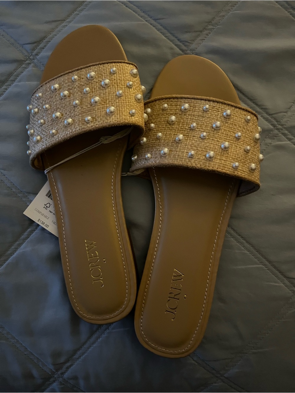 J. Crew Tan Slide Sandals with Faux-Pearl Embellished Strap